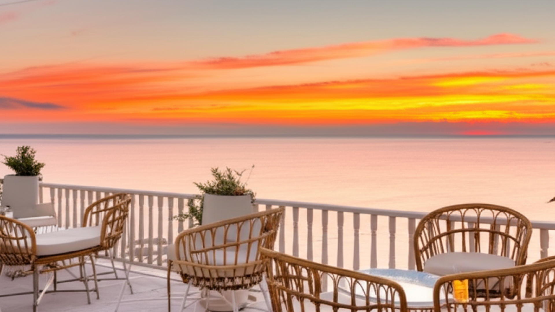 An outdoor terrace of a white-themed seaside cafe during golden hour, stylish rattan furniture, over