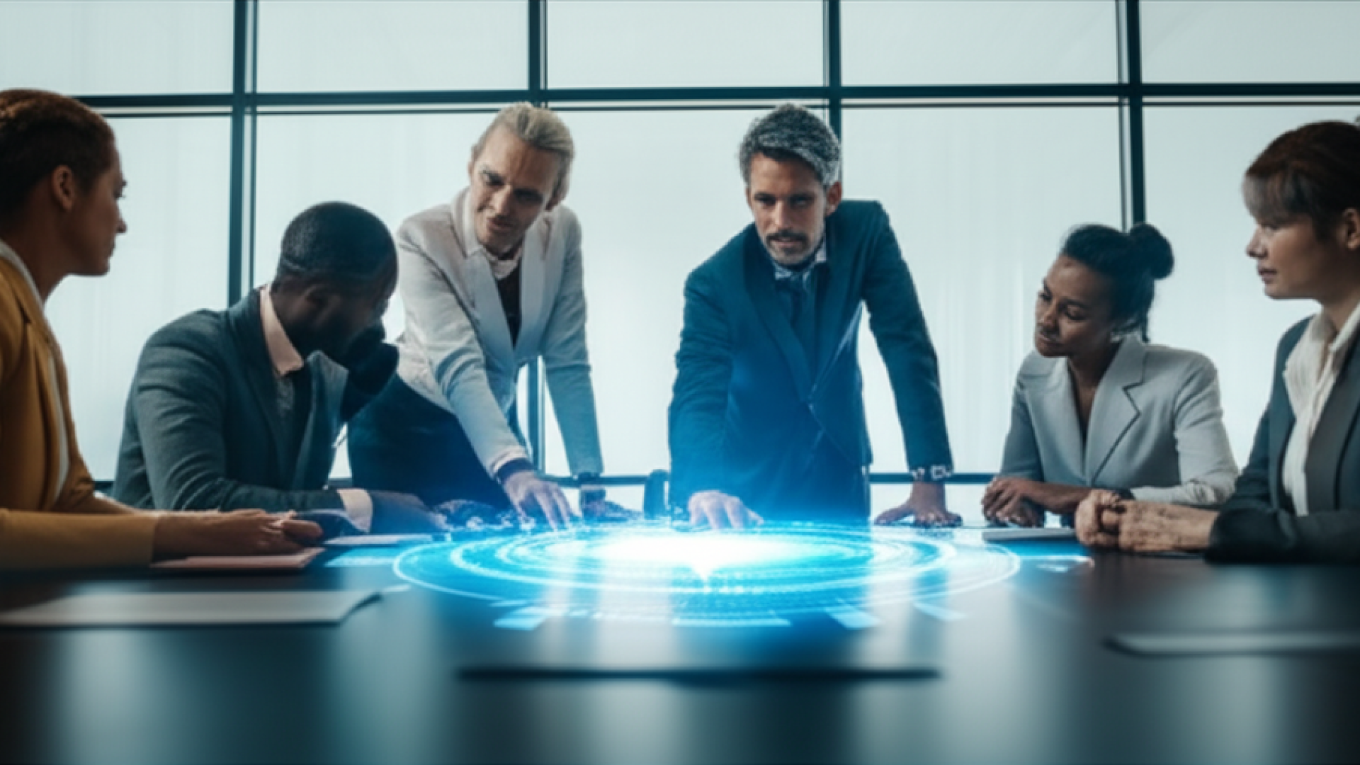 A group of diverse professionals in a sleek, modern conference room collaborating around a glowing h