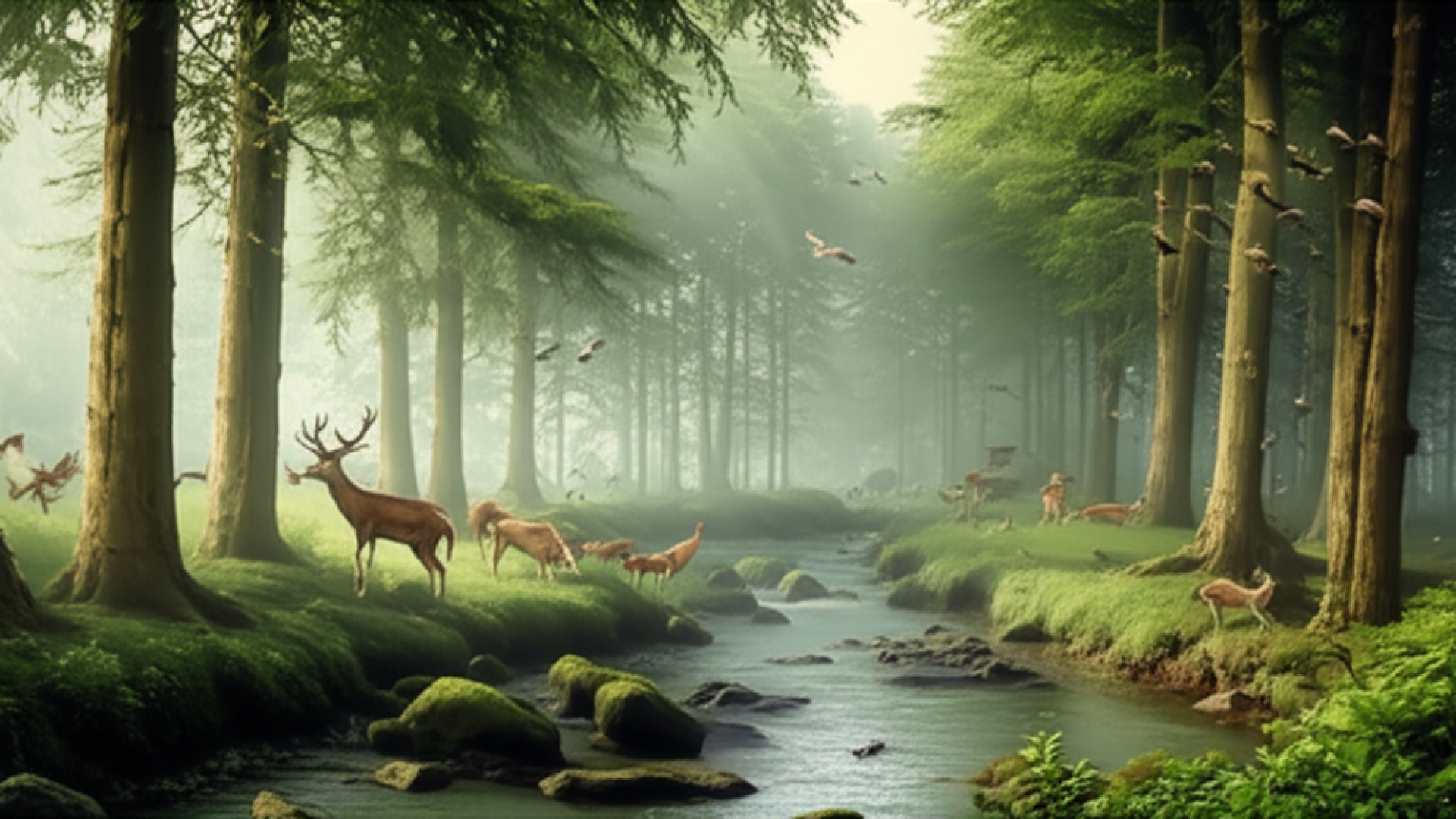 A wide-angle shot of a lush, diverse forest ecosystem with a clear stream, featuring various wildlif