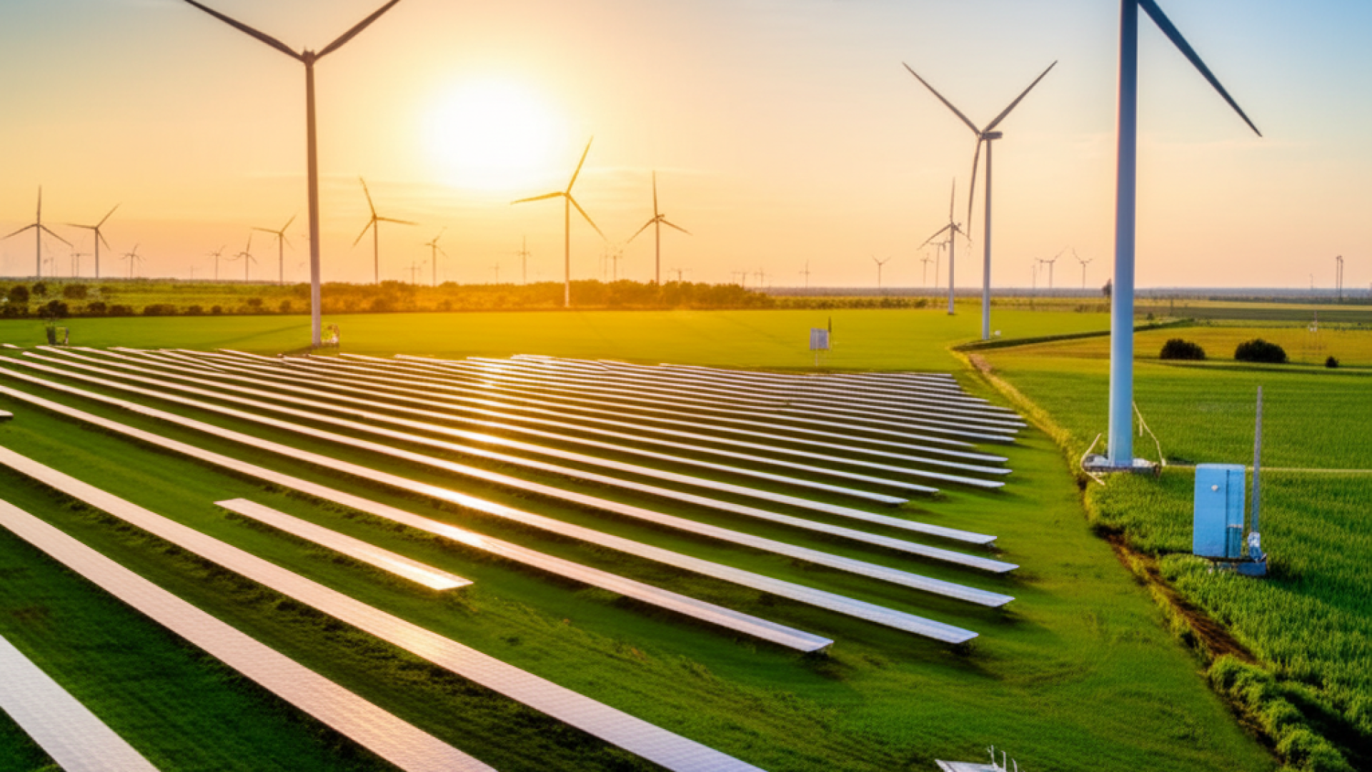 A vast landscape featuring a mix of modern wind turbines and solar panel arrays integrated into a lu