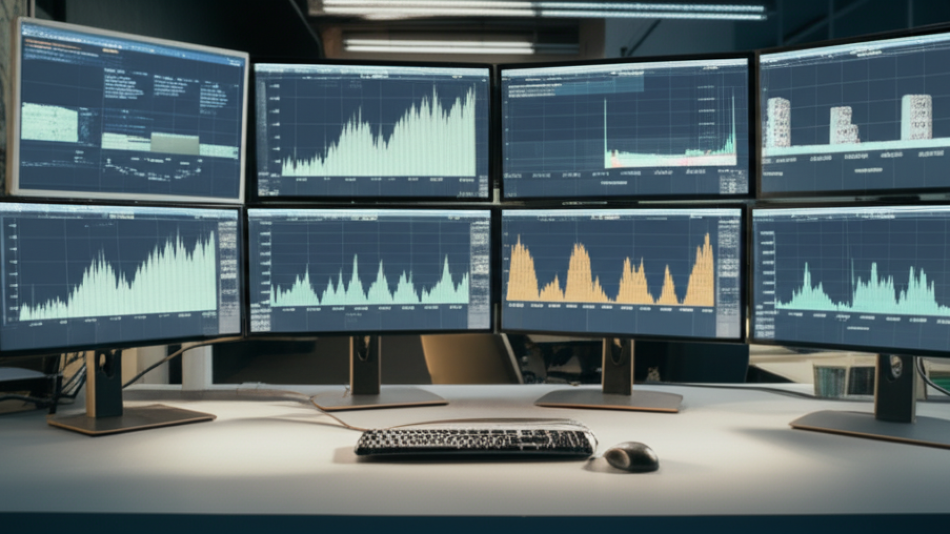 A professional workspace with multiple high-resolution monitors displaying complex data visualizatio
