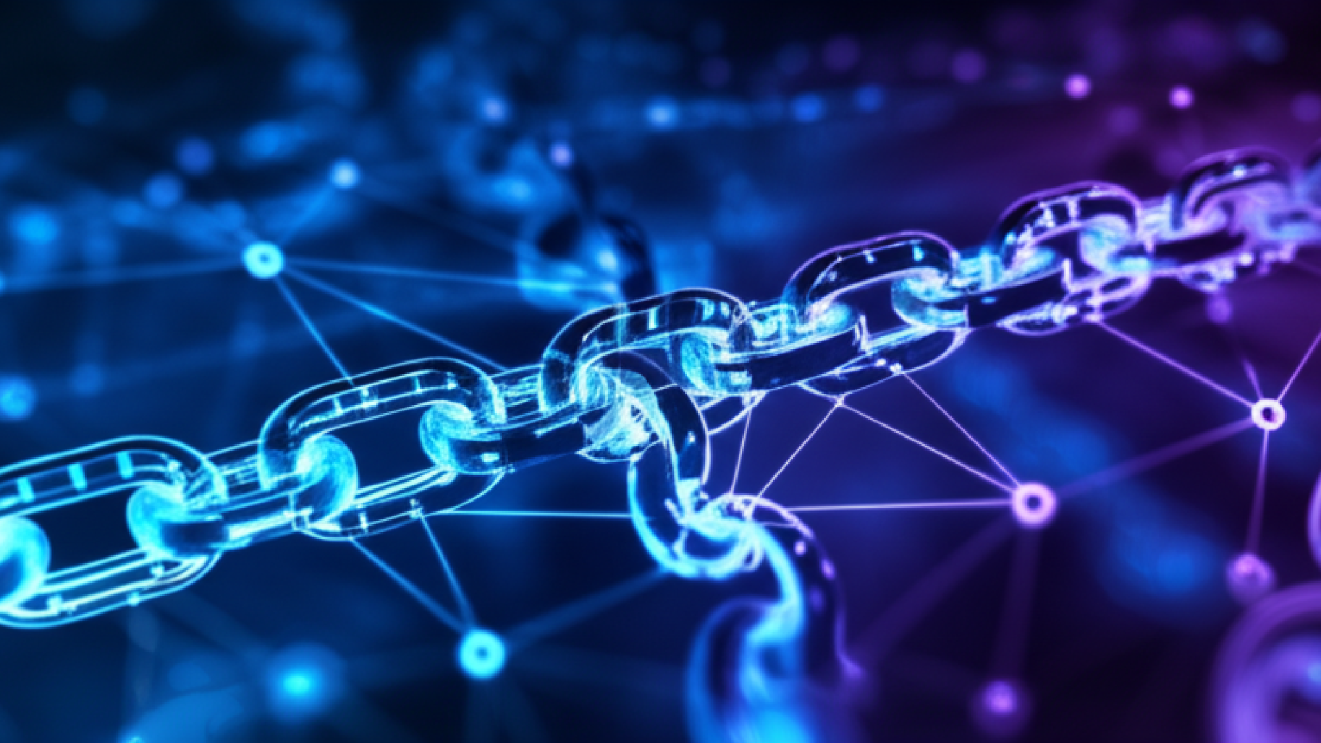 An abstract representation of interconnected digital chains glowing in a deep blue and violet space.