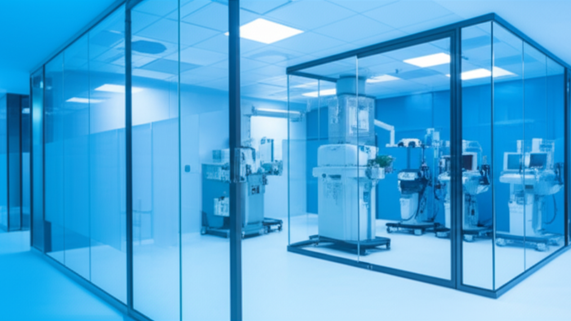 A high-end, modern fertility clinic interior with sleek glass partitions, soft blue and white ambien