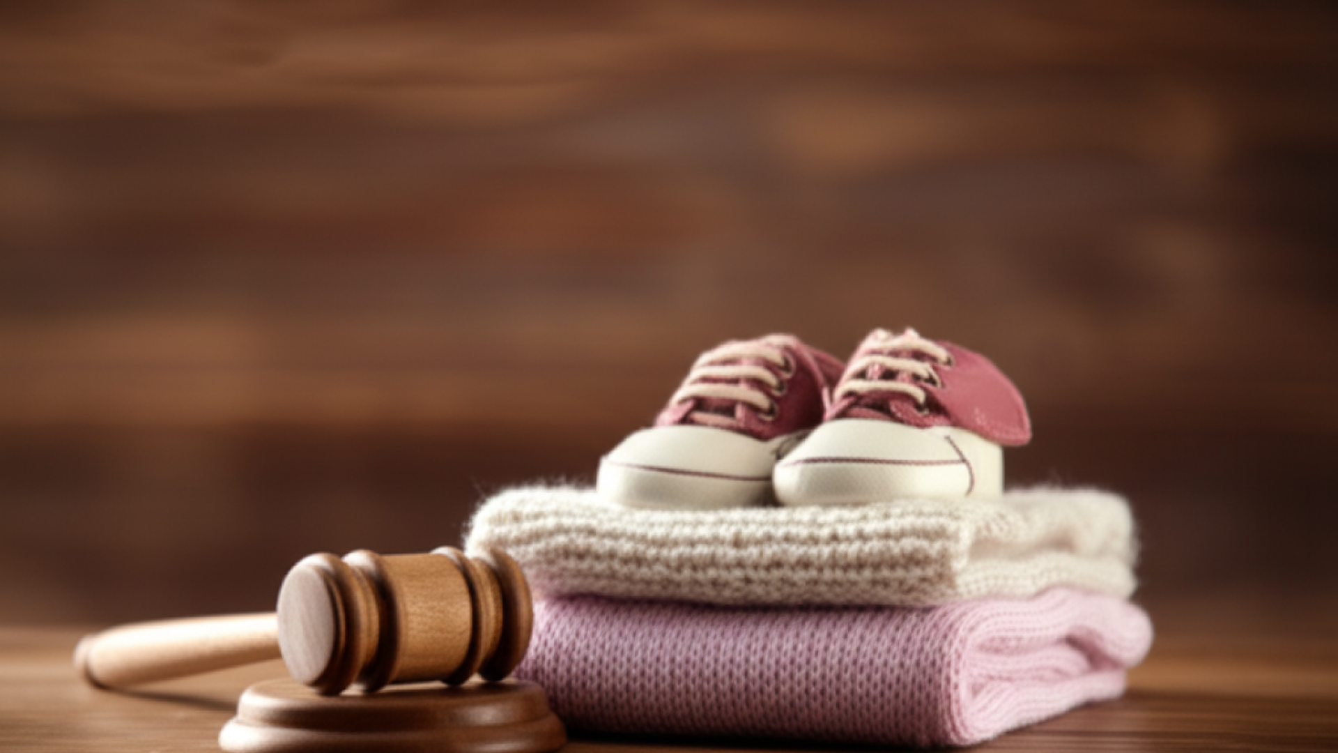 A symbolic representation of justice and family, featuring a small wooden gavel resting next to a so