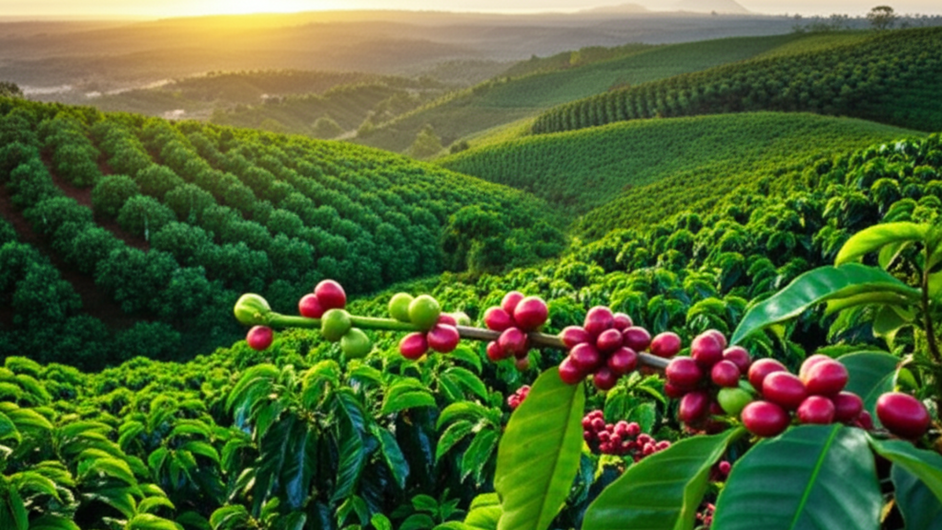 A beautiful landscape of a sustainable coffee farm at sunrise, with lush green coffee trees covering