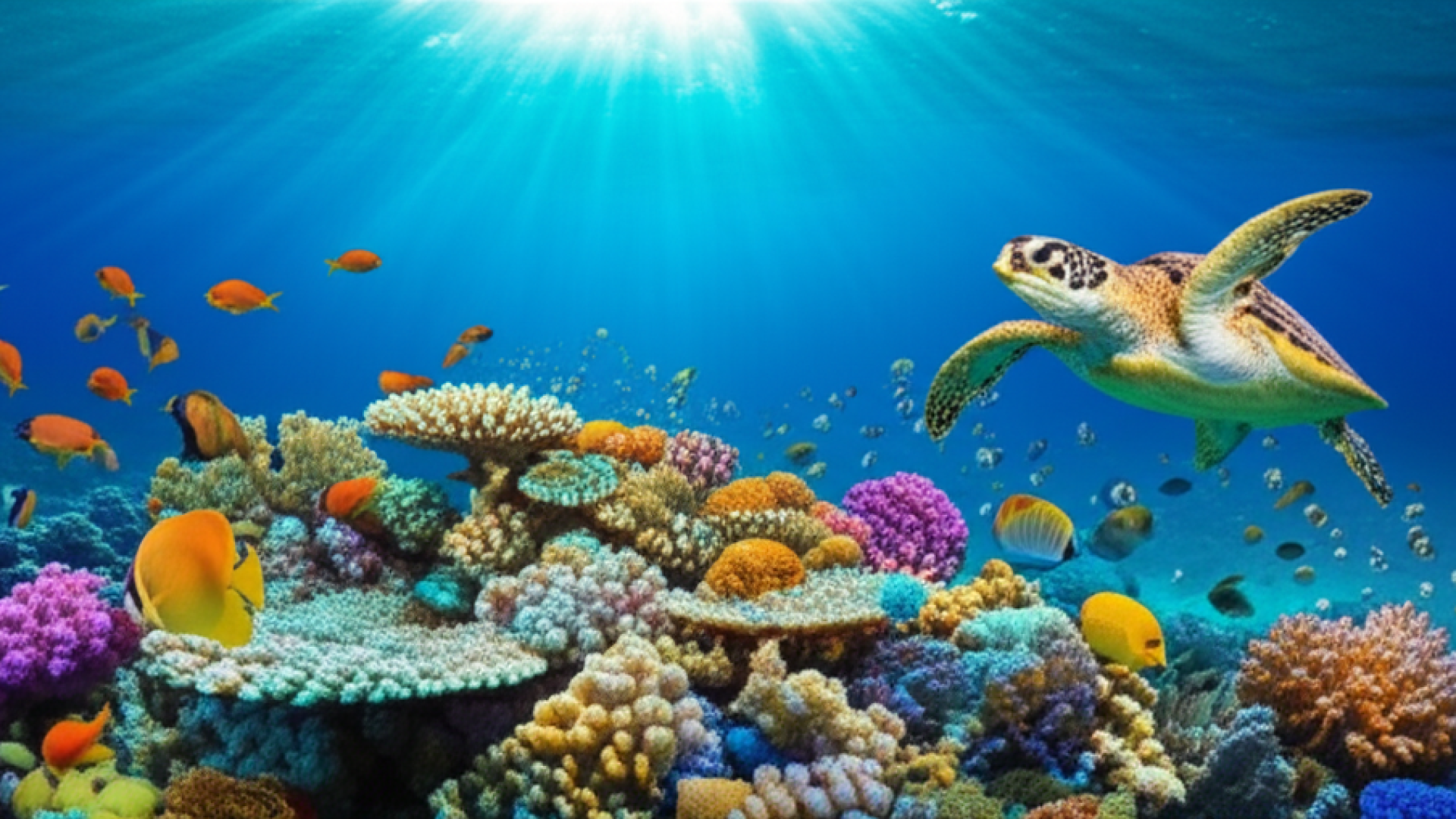 An underwater scene showing a healthy coral reef ecosystem, sunlight rays penetrating the clear blue