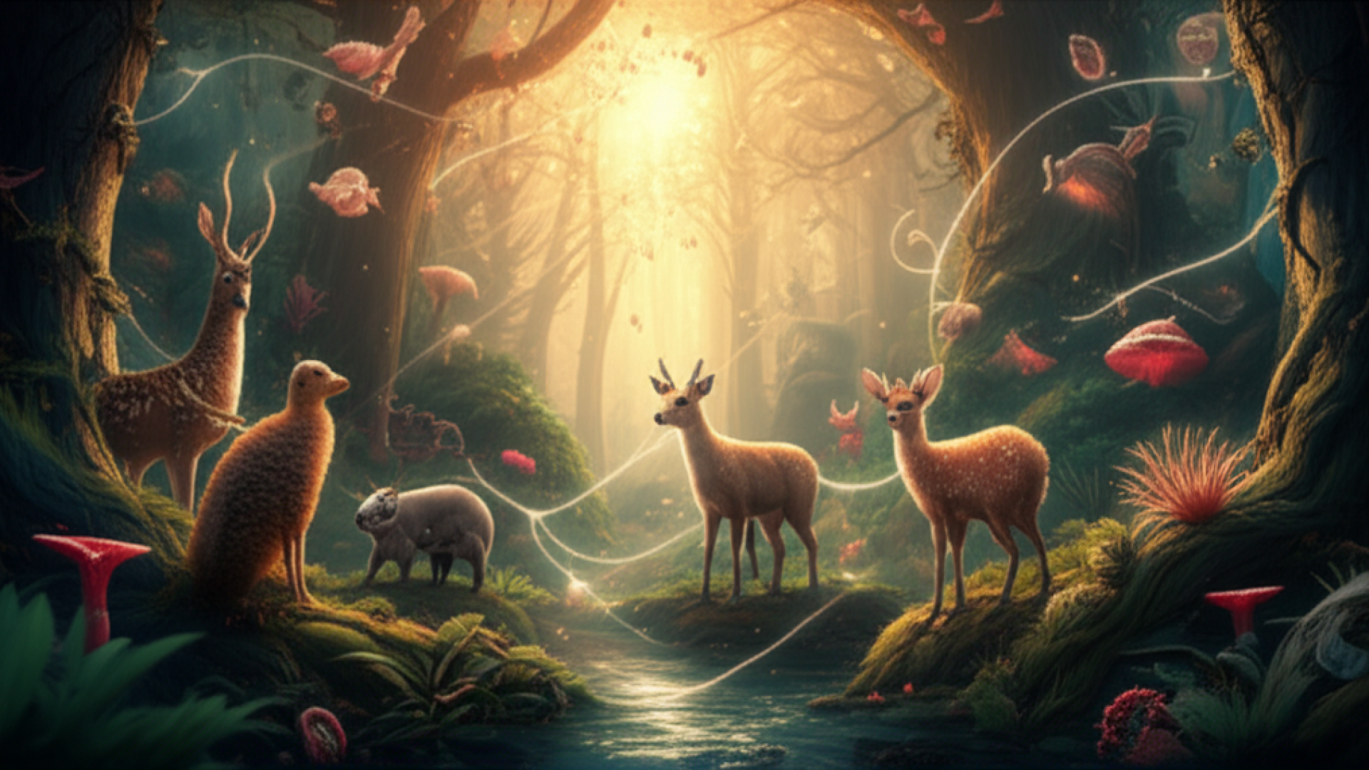 A high-quality photorealistic visualization of the biological web of life, showing glowing ethereal 