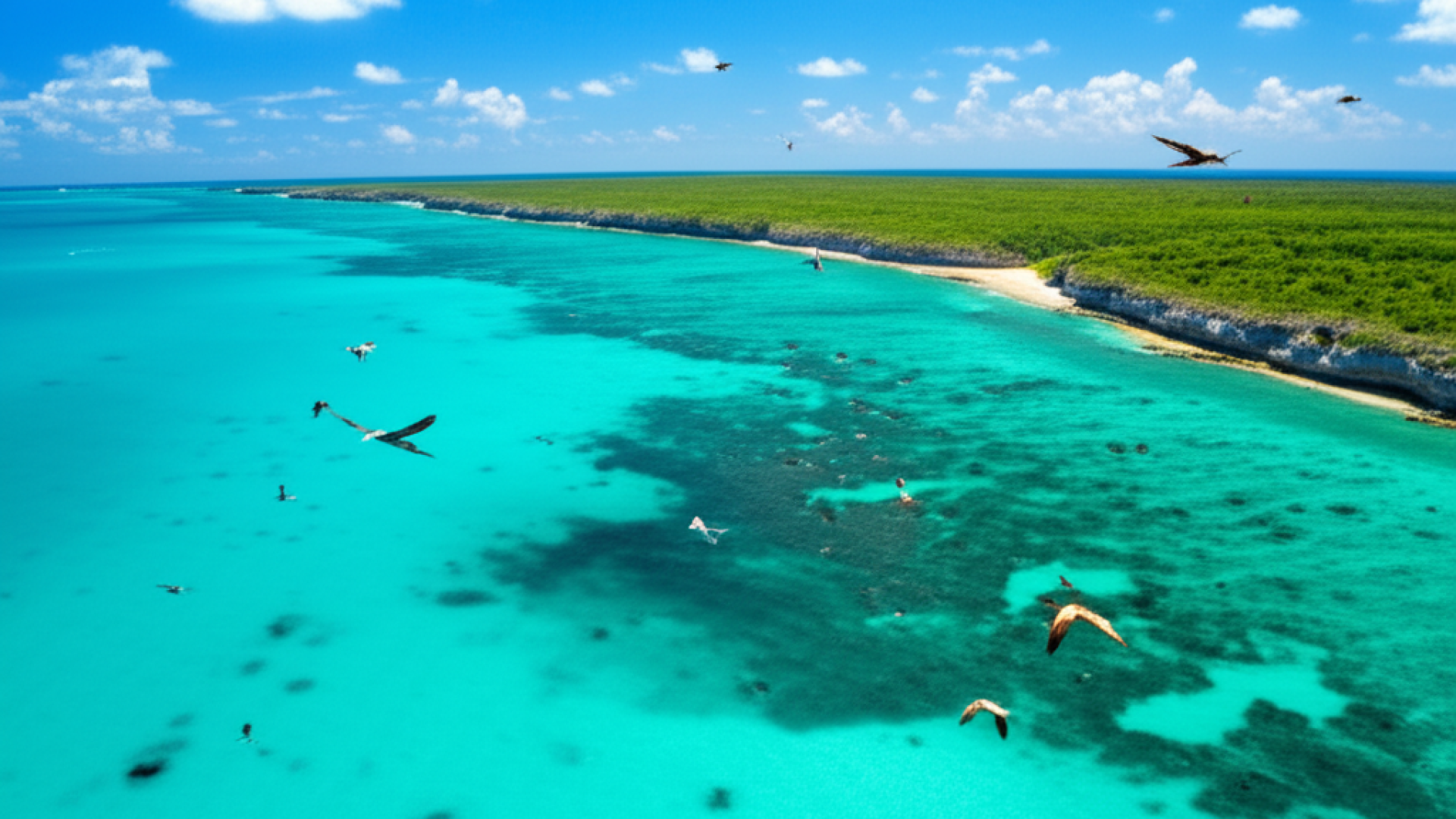 A wide-angle landscape of a pristine turquoise ocean meeting a lush green coastline, where diverse s