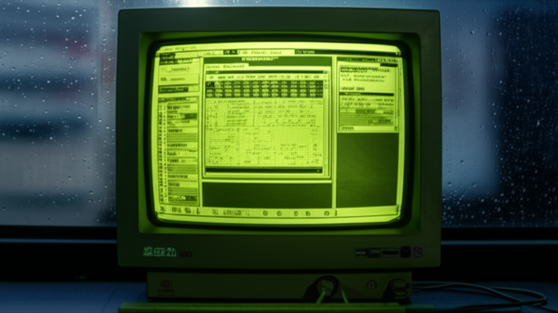 A dimly lit, moody room with a vintage computer monitor glowing in a greenish-yellow hue, reflecting