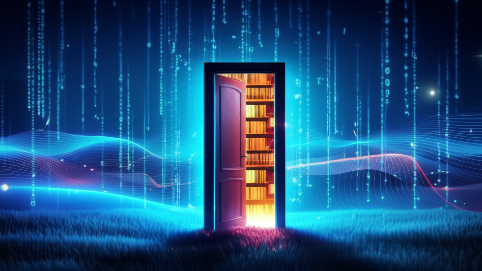 A surreal digital landscape where a classic wooden doorway stands alone in a field of floating neon 