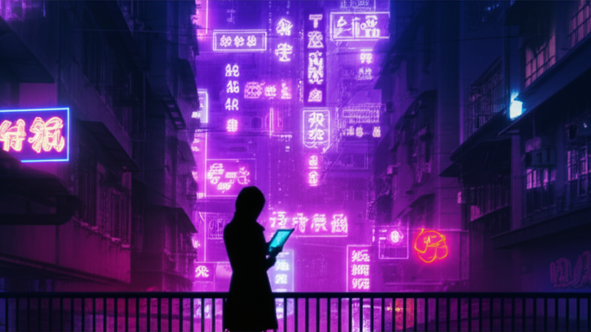 A lone figure standing on a digital balcony overlooking a futuristic city inspired by old Hong Kong,